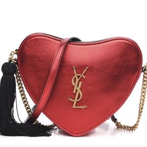 AUTHENTIC SAINT LAURENT Metallic Calfskin Heart Monogram Crossbody Black Rouge